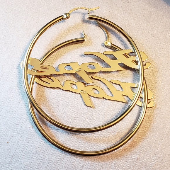 Sterling Silver Gold Tone "Hope" Hoop Earrings - Picture 6 of 7